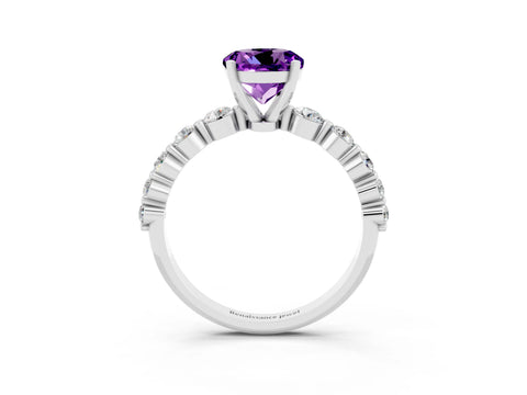 White gold Round Cut Solitaire Amethyst Ring with Pave Band and Four-Prong Setting_3