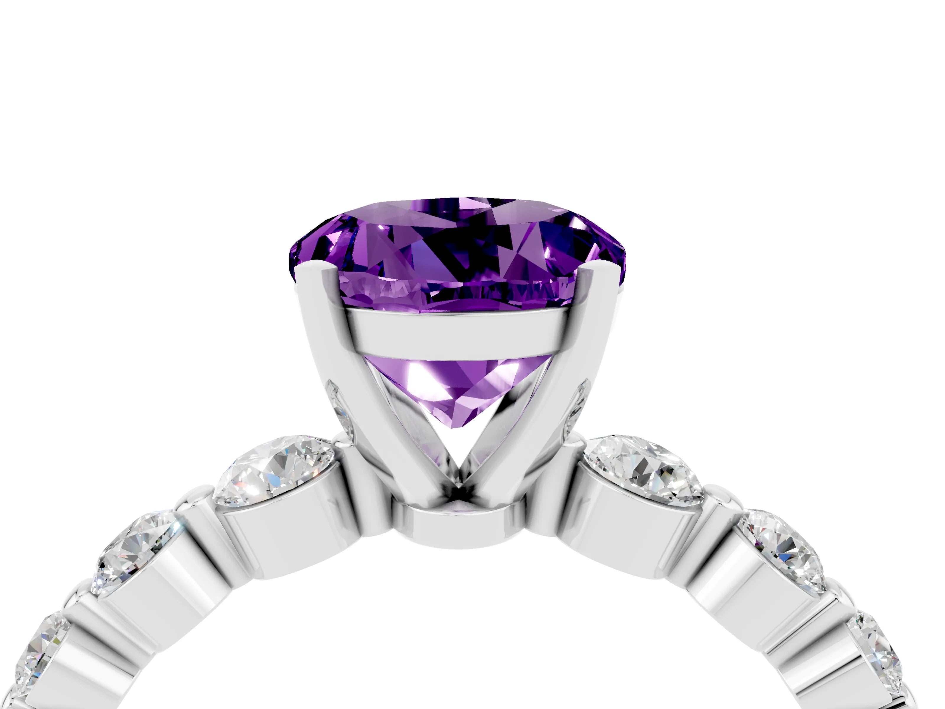 White gold Round Cut Solitaire Amethyst Ring with Pave Band and Four-Prong Setting_4