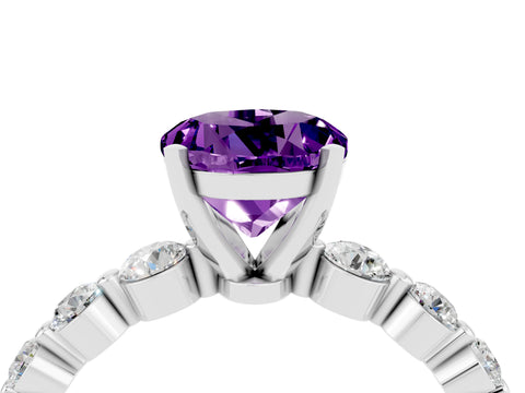 White gold Round Cut Solitaire Amethyst Ring with Pave Band and Four-Prong Setting_4