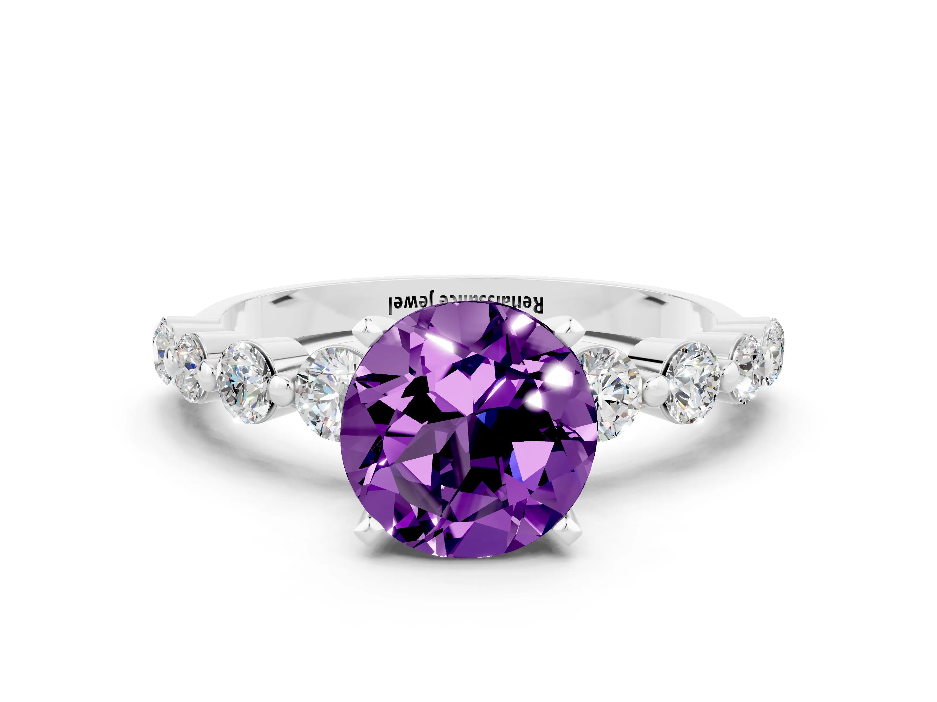 White gold Round Cut Solitaire Amethyst Ring with Pave Band and Four-Prong Setting