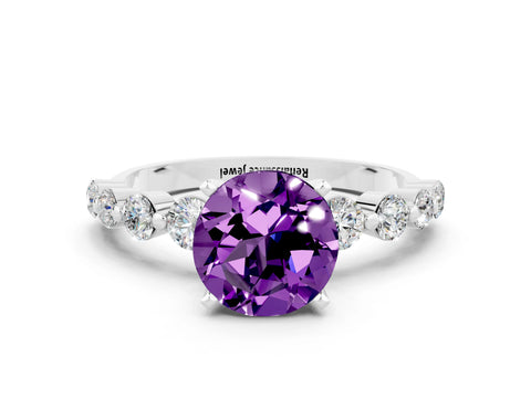 White gold Round Cut Solitaire Amethyst Ring with Pave Band and Four-Prong Setting