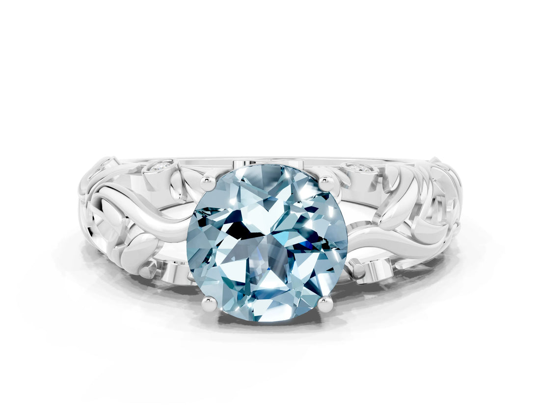 White gold Round Cut Solitaire Aquamarine Leaf-Inspired Vine Band Ring with Prong Setting