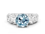 White gold Round Cut Solitaire Aquamarine Leaf-Inspired Vine Band Ring with Prong Setting