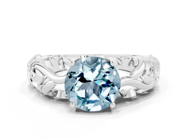 Platinum Round Cut Solitaire Aquamarine Leaf-Inspired Vine Band Ring with Prong Setting