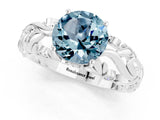 White gold Round Cut Solitaire Aquamarine Leaf-Inspired Vine Band Ring with Prong Setting_1