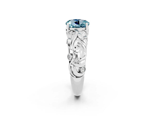 White gold Round Cut Solitaire Aquamarine Leaf-Inspired Vine Band Ring with Prong Setting