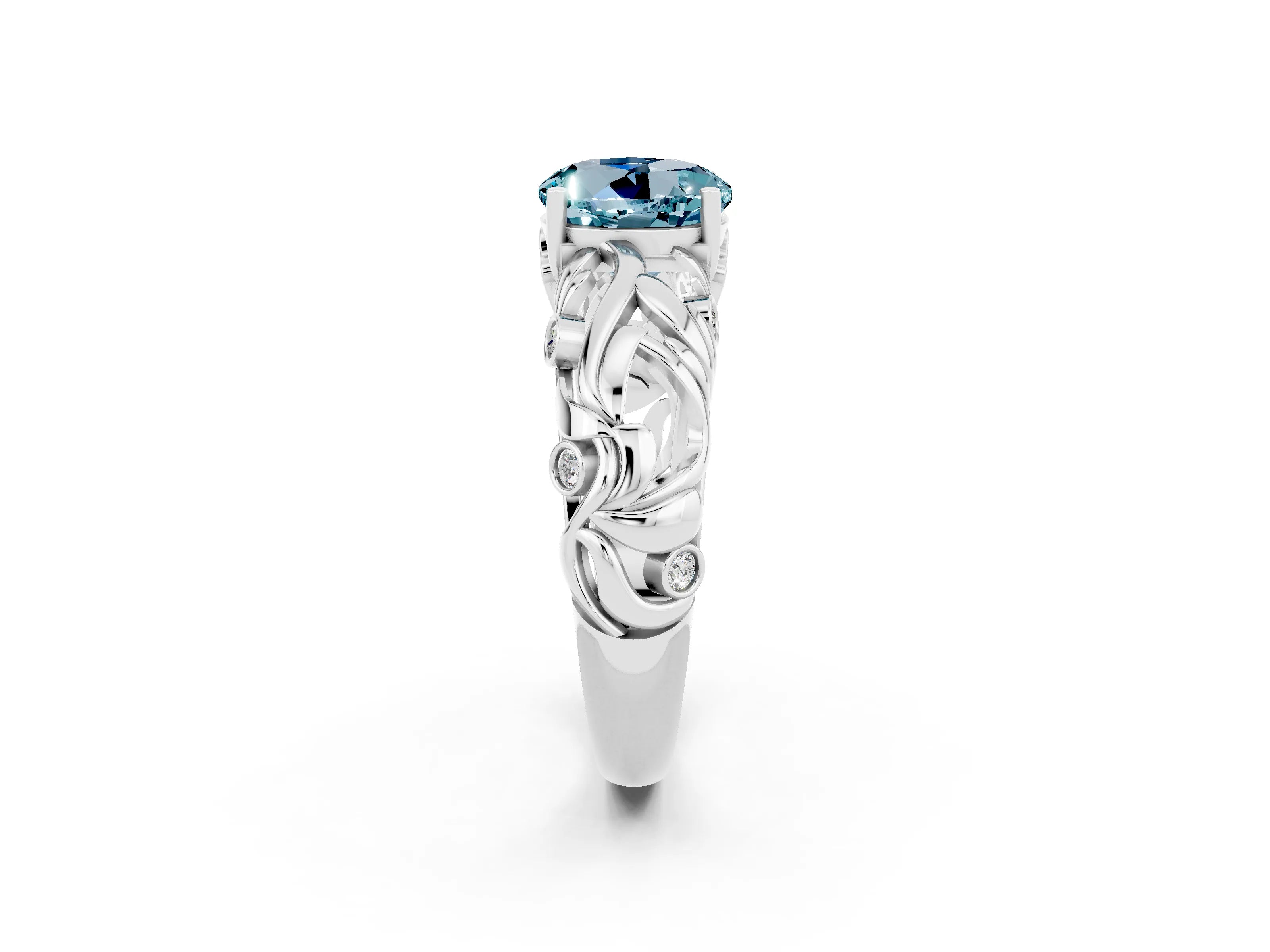 White gold Round Cut Solitaire Aquamarine Leaf-Inspired Vine Band Ring with Prong Setting_2