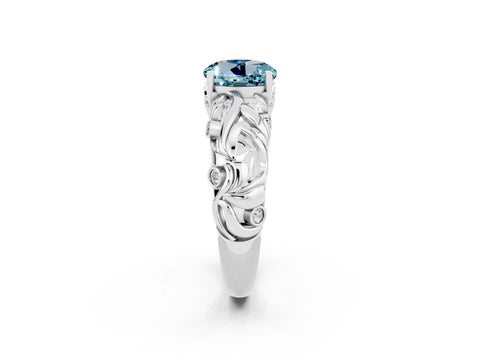 White gold Round Cut Solitaire Aquamarine Leaf-Inspired Vine Band Ring with Prong Setting_2
