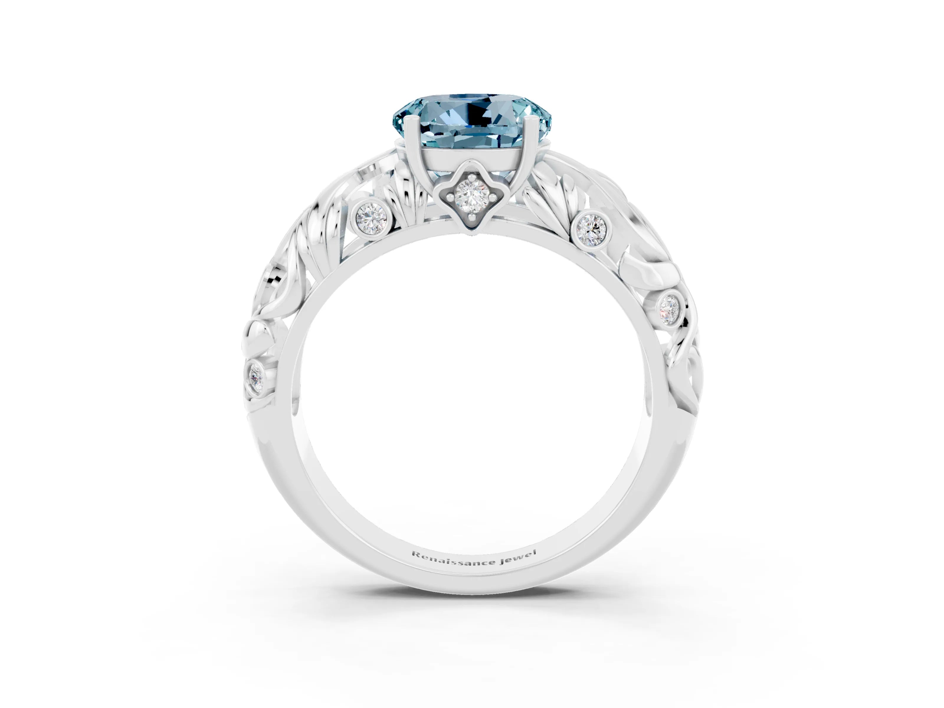 White gold Round Cut Solitaire Aquamarine Leaf-Inspired Vine Band Ring with Prong Setting_3