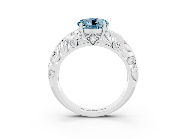 White gold Round Cut Solitaire Aquamarine Leaf-Inspired Vine Band Ring with Prong Setting