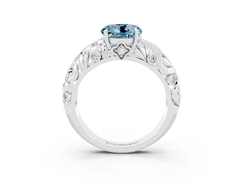 White gold Round Cut Solitaire Aquamarine Leaf-Inspired Vine Band Ring with Prong Setting_3