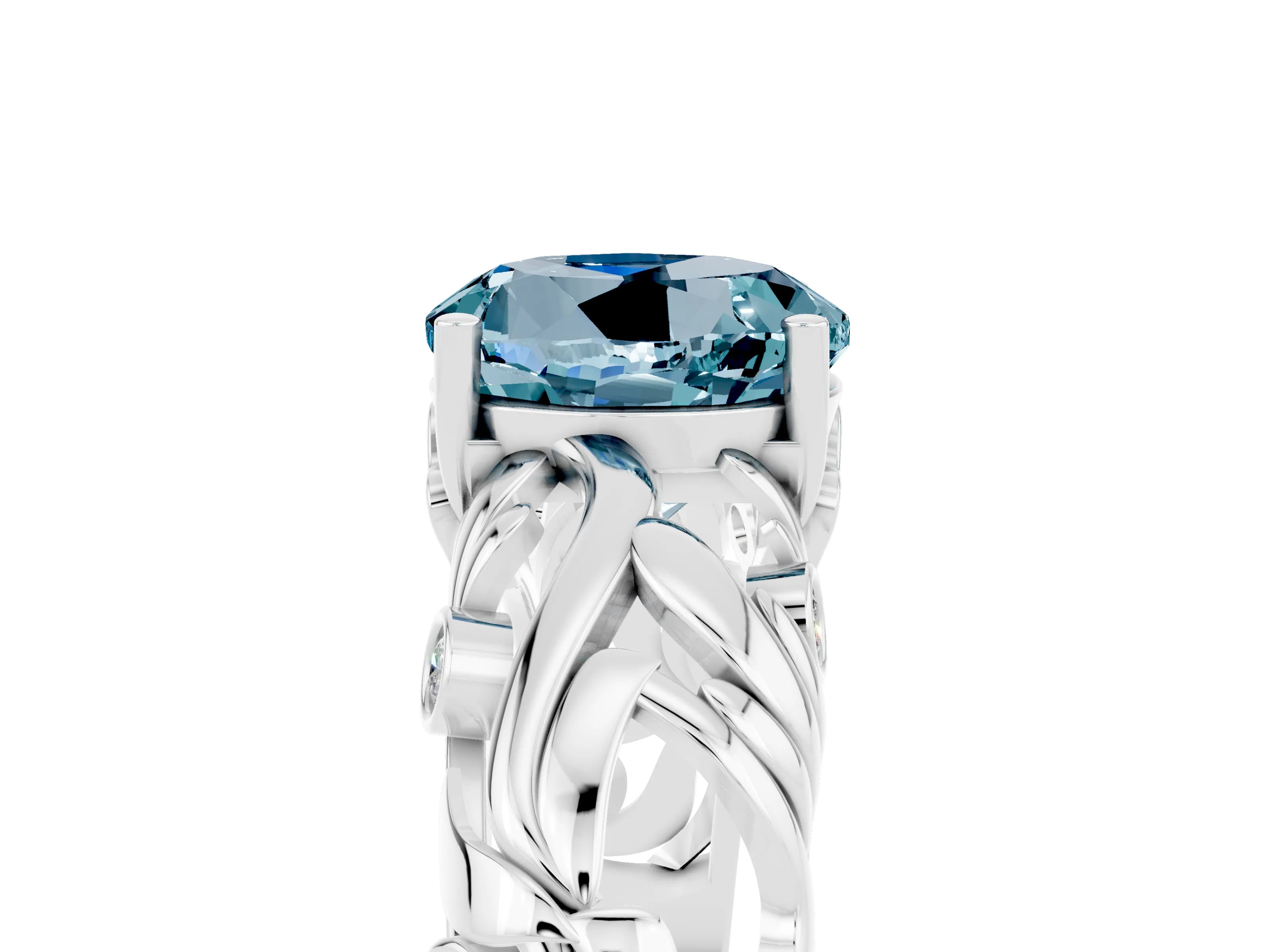 White gold Round Cut Solitaire Aquamarine Leaf-Inspired Vine Band Ring with Prong Setting_5