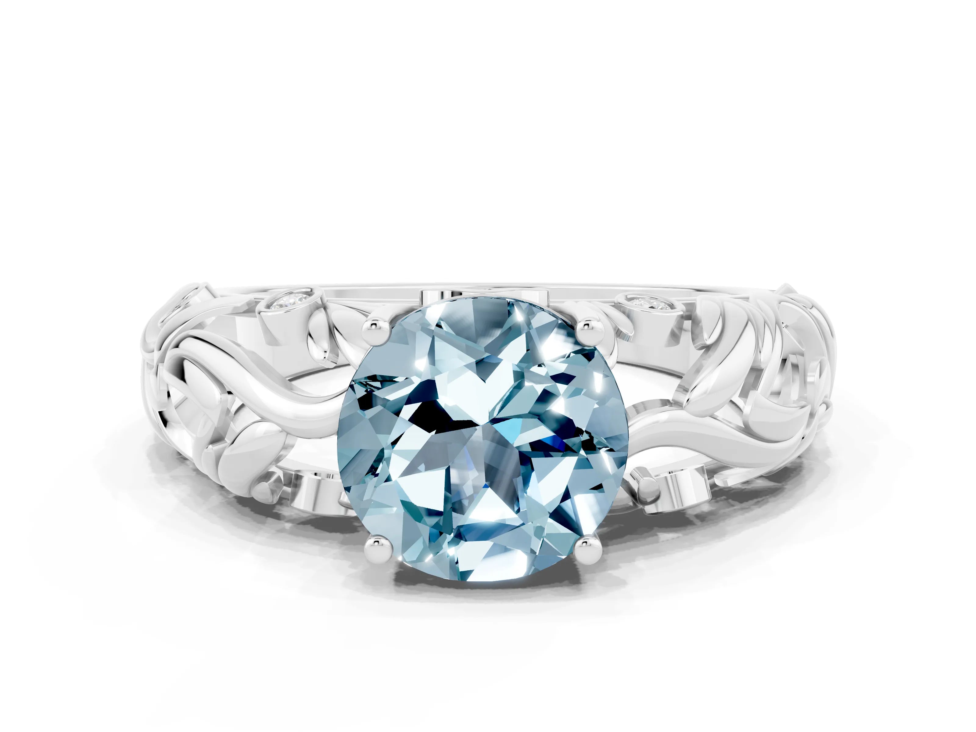 White gold Round Cut Solitaire Aquamarine Leaf-Inspired Vine Band Ring with Prong Setting