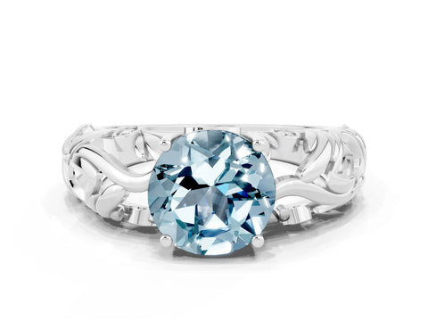White gold Round Cut Solitaire Aquamarine Leaf-Inspired Vine Band Ring with Prong Setting