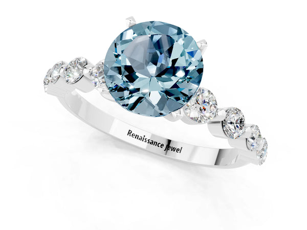 White gold Round Cut Solitaire Aquamarine Ring with Pave Band and Four-Prong Setting