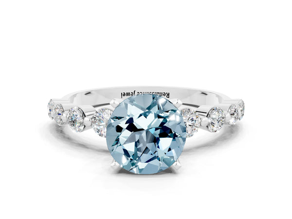 White gold Round Cut Solitaire Aquamarine Ring with Pave Band and Four-Prong Setting