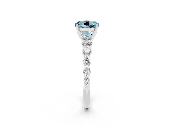 White gold Round Cut Solitaire Aquamarine Ring with Pave Band and Four-Prong Setting