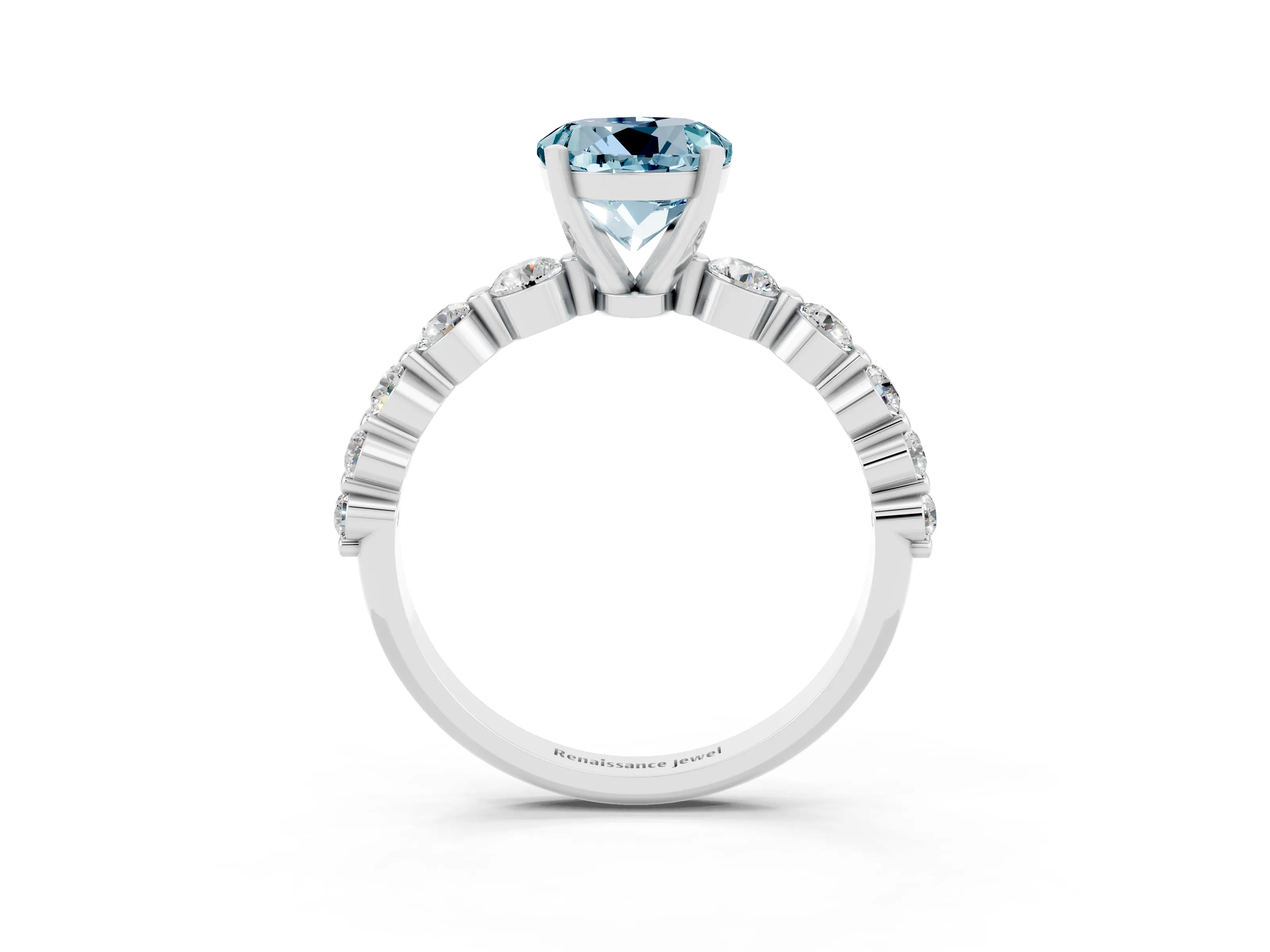 White gold Round Cut Solitaire Aquamarine Ring with Pave Band and Four-Prong Setting_3