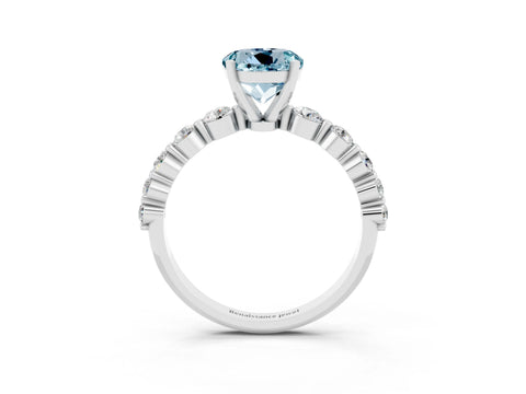 White gold Round Cut Solitaire Aquamarine Ring with Pave Band and Four-Prong Setting_3