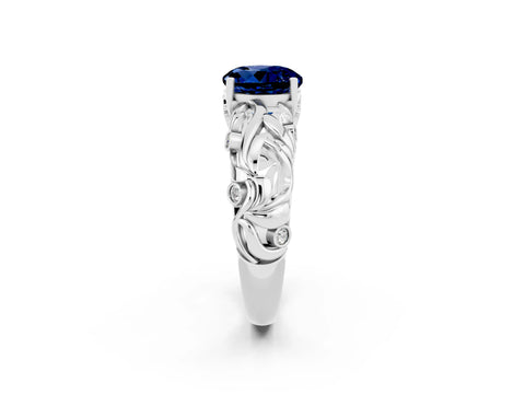 White gold Round Cut Solitaire Blue Sapphire Leaf-Inspired Vine Band Ring with Prong Setting_2