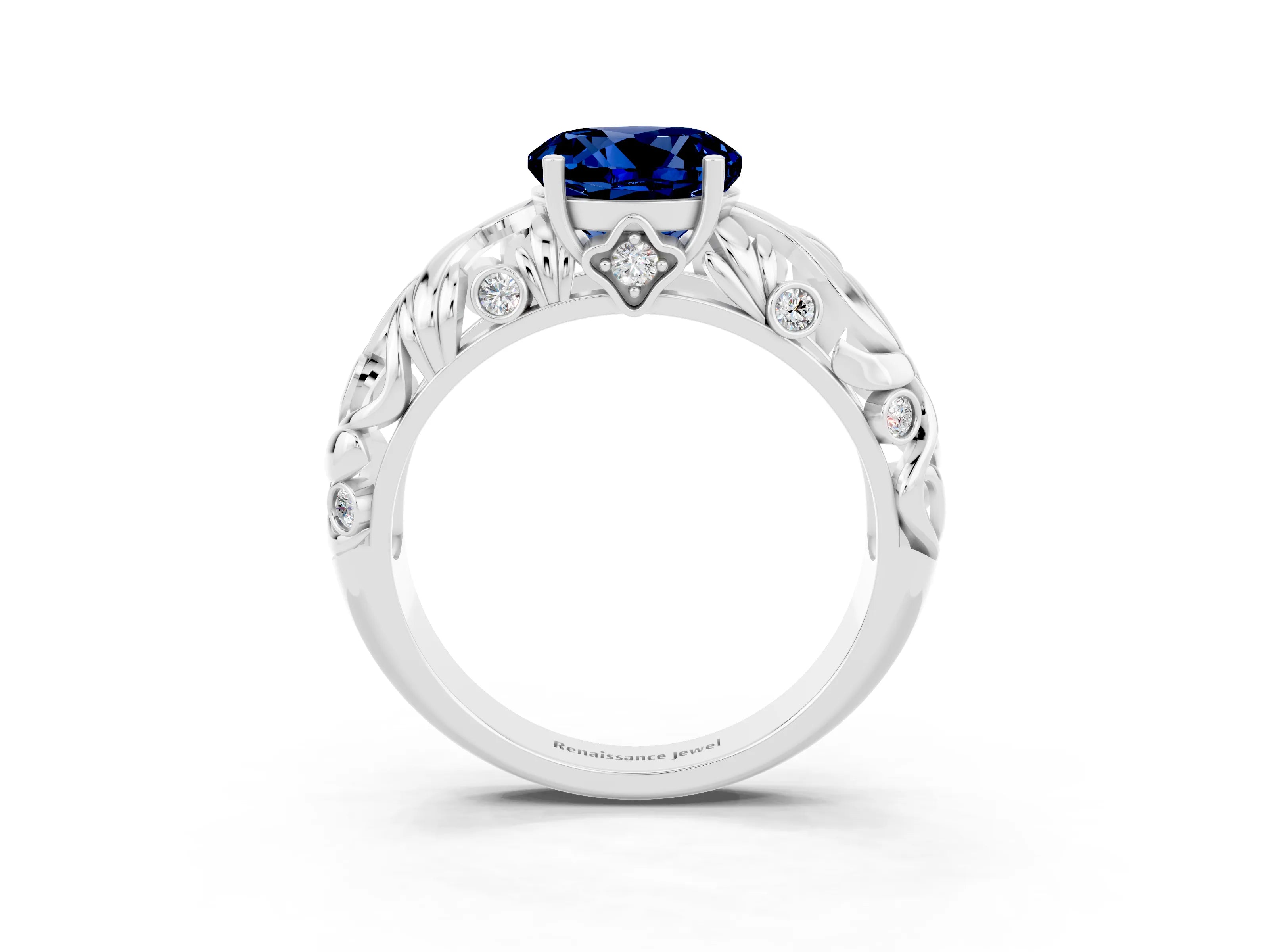 White gold Round Cut Solitaire Blue Sapphire Leaf-Inspired Vine Band Ring with Prong Setting_3