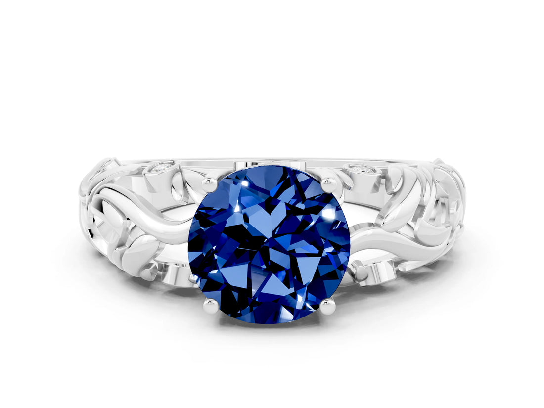 White gold Round Cut Solitaire Blue Sapphire Leaf-Inspired Vine Band Ring with Prong Setting