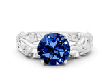 White gold Round Cut Solitaire Blue Sapphire Leaf-Inspired Vine Band Ring with Prong Setting