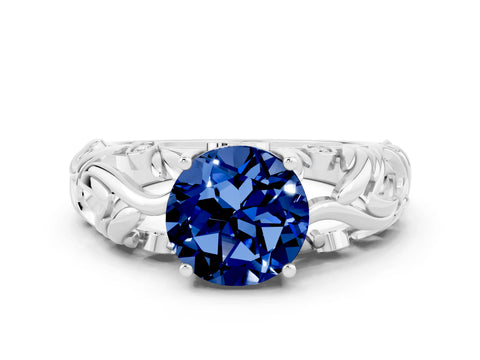White gold Round Cut Solitaire Blue Sapphire Leaf-Inspired Vine Band Ring with Prong Setting