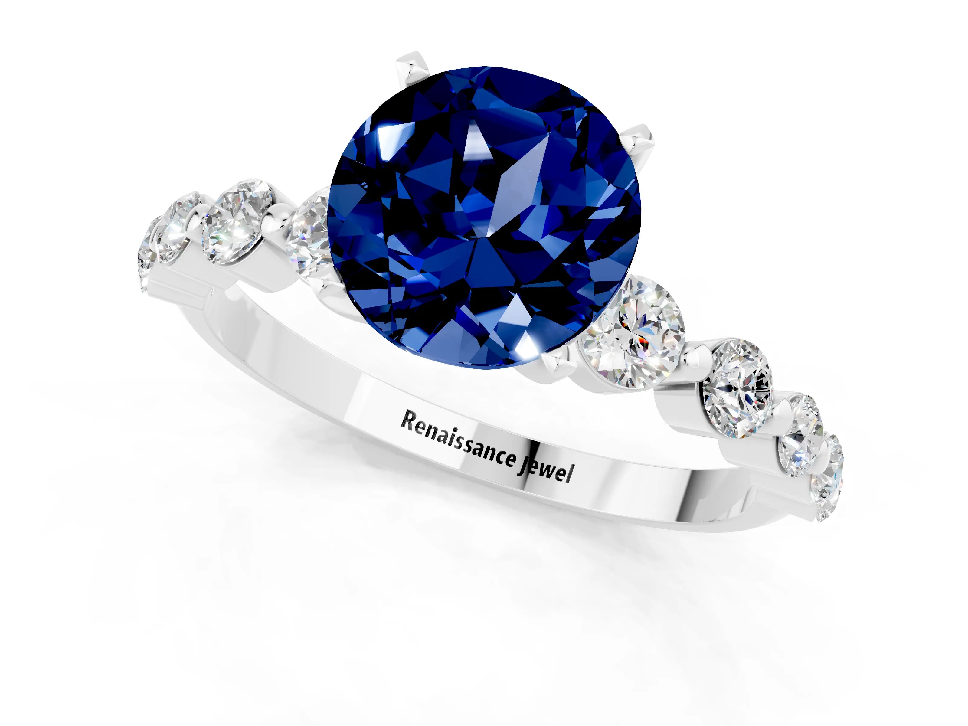 White gold Round Cut Solitaire Blue Sapphire Ring with Pave Band and Four-Prong Setting_1