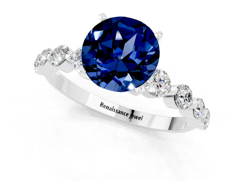 White gold Round Cut Solitaire Blue Sapphire Ring with Pave Band and Four-Prong Setting_1