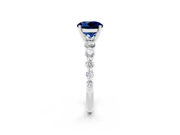 White gold Round Cut Solitaire Blue Sapphire Ring with Pave Band and Four-Prong Setting