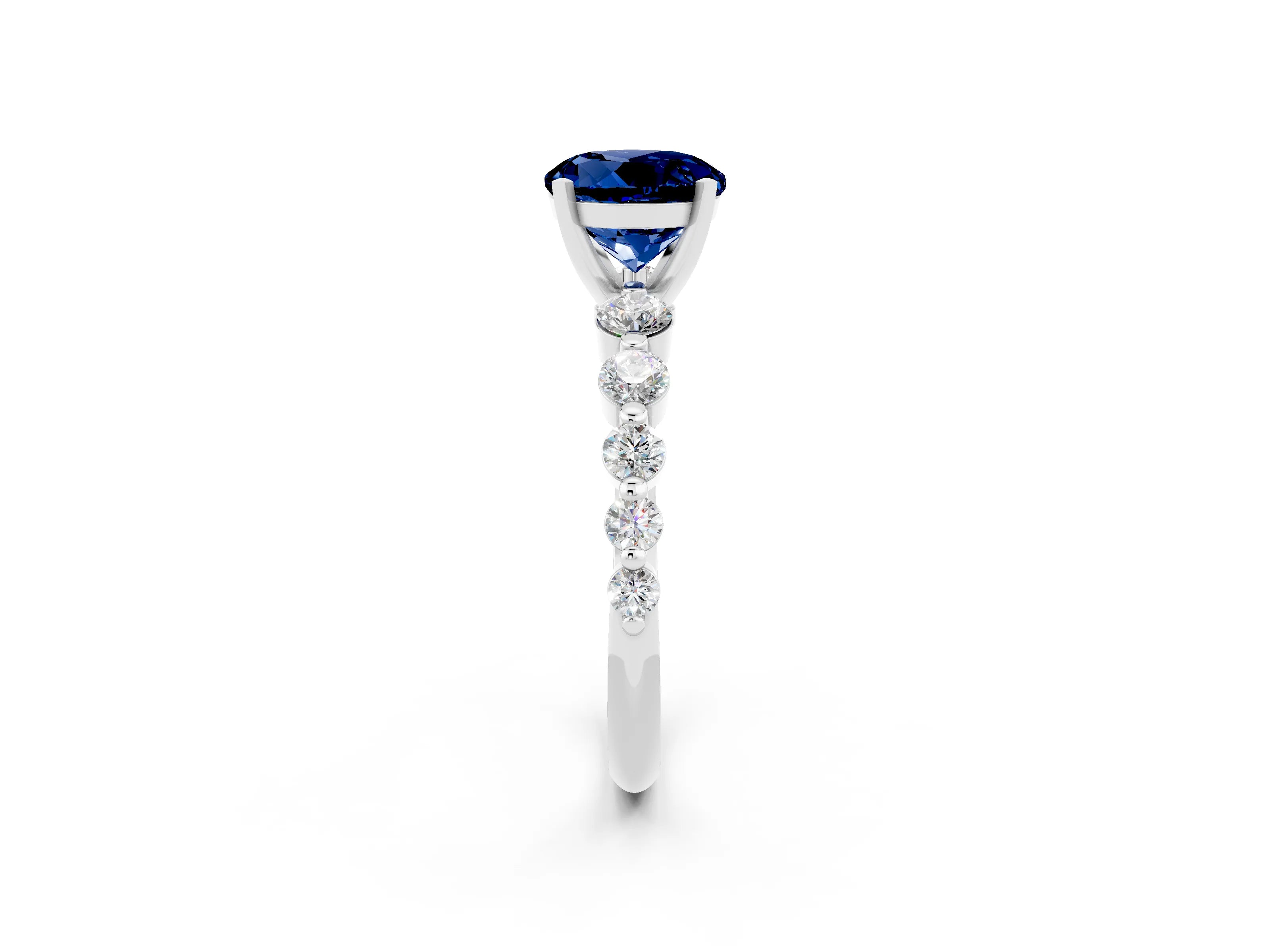 White gold Round Cut Solitaire Blue Sapphire Ring with Pave Band and Four-Prong Setting_2