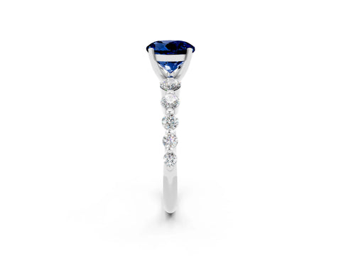 White gold Round Cut Solitaire Blue Sapphire Ring with Pave Band and Four-Prong Setting_2