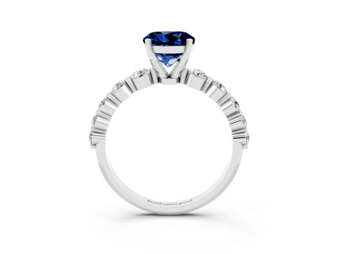 White gold Round Cut Solitaire Blue Sapphire Ring with Pave Band and Four-Prong Setting_3