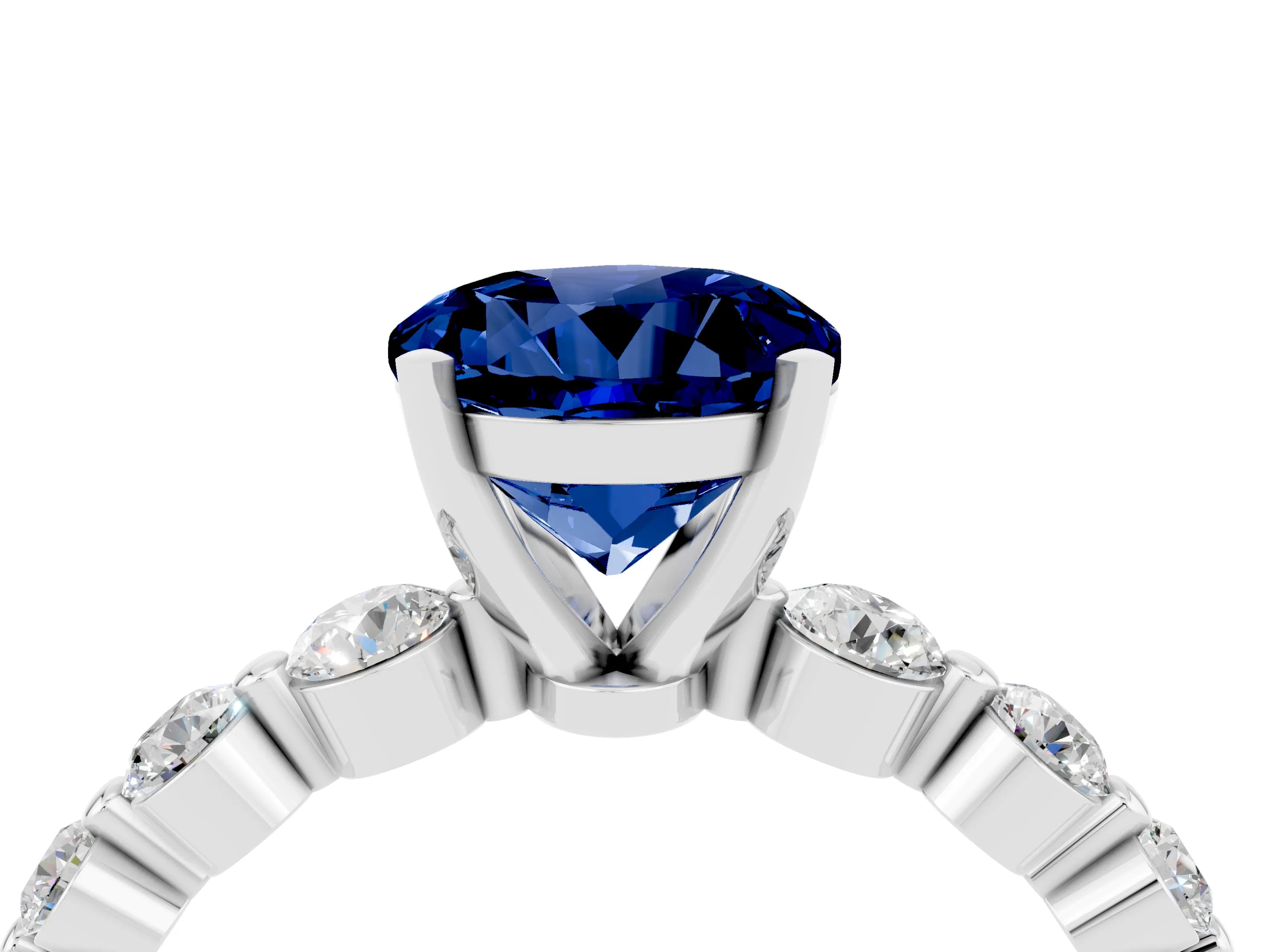 White gold Round Cut Solitaire Blue Sapphire Ring with Pave Band and Four-Prong Setting_4