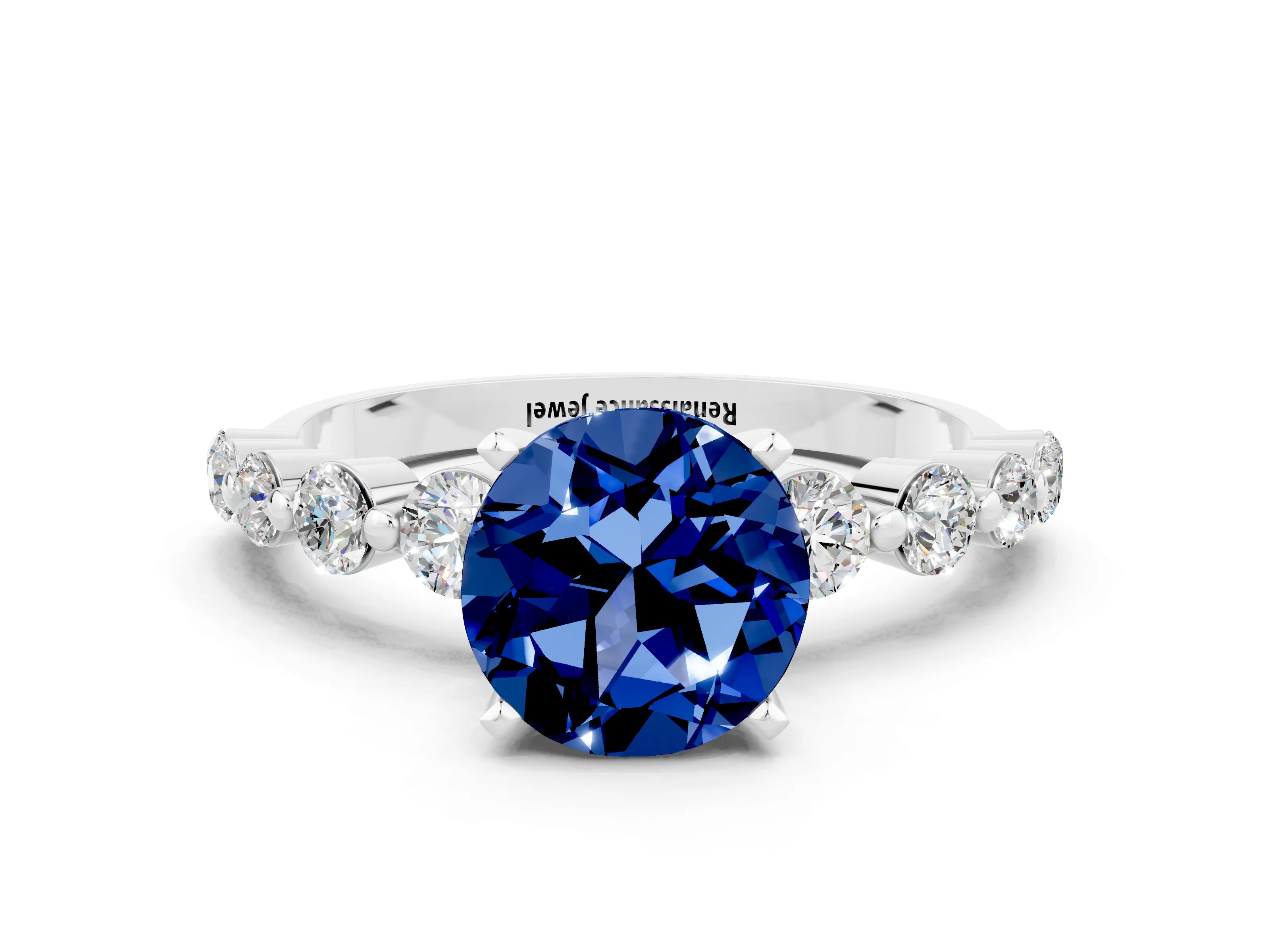 White gold Round Cut Solitaire Blue Sapphire Ring with Pave Band and Four-Prong Setting