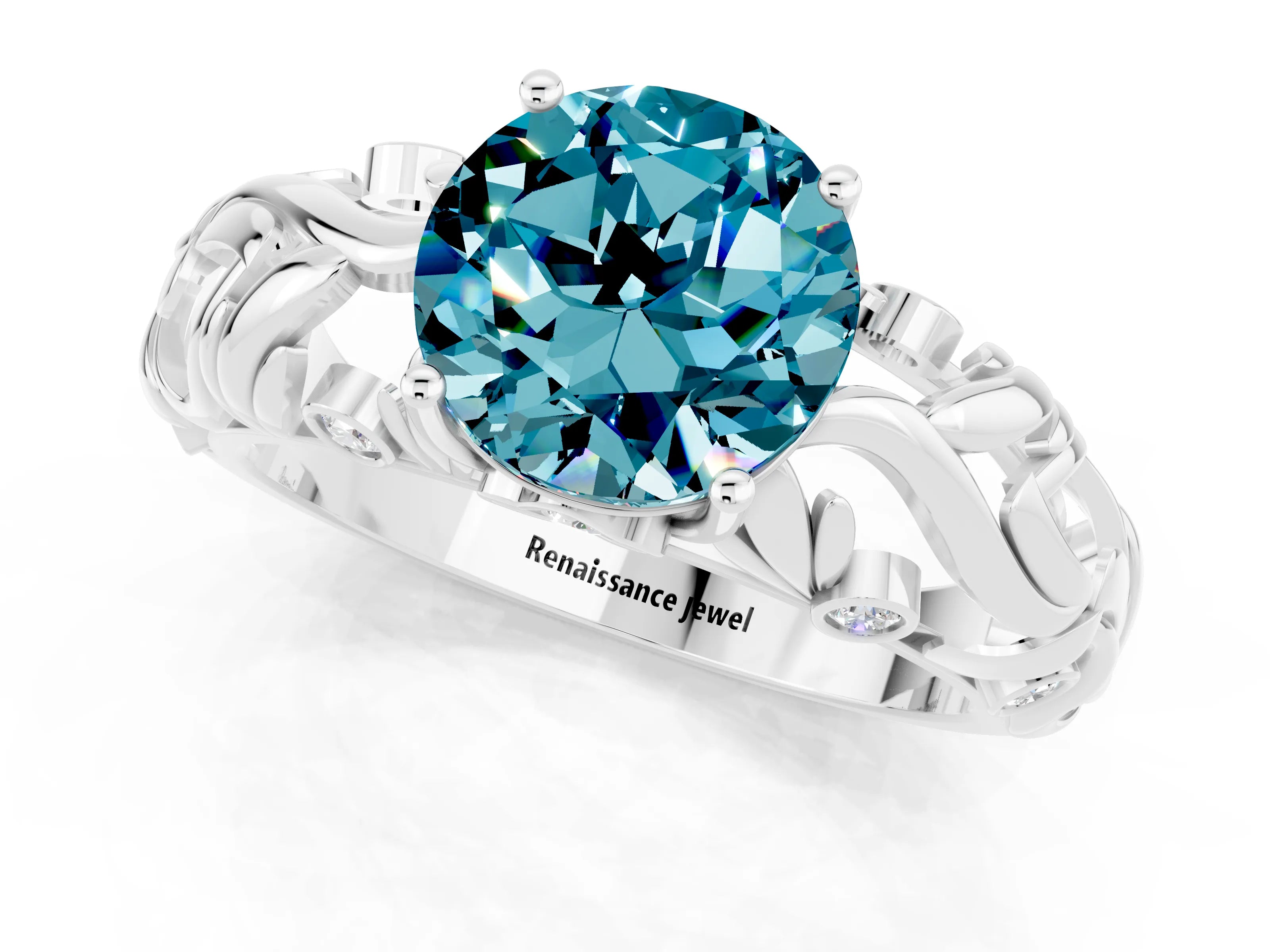 White gold Round Cut Solitaire Blue Topaz Leaf-Inspired Vine Band Ring with Prong Setting_1