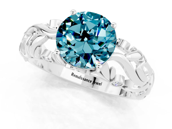 White gold Round Cut Solitaire Blue Topaz Leaf-Inspired Vine Band Ring with Prong Setting