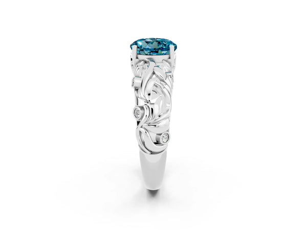 Platinum Round Cut Solitaire Blue Topaz Leaf-Inspired Vine Band Ring with Prong Setting