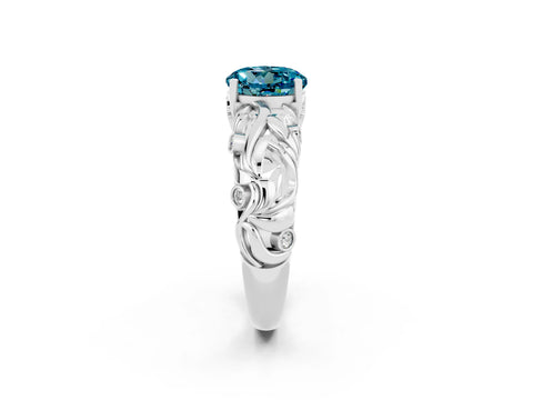 White gold Round Cut Solitaire Blue Topaz Leaf-Inspired Vine Band Ring with Prong Setting_2