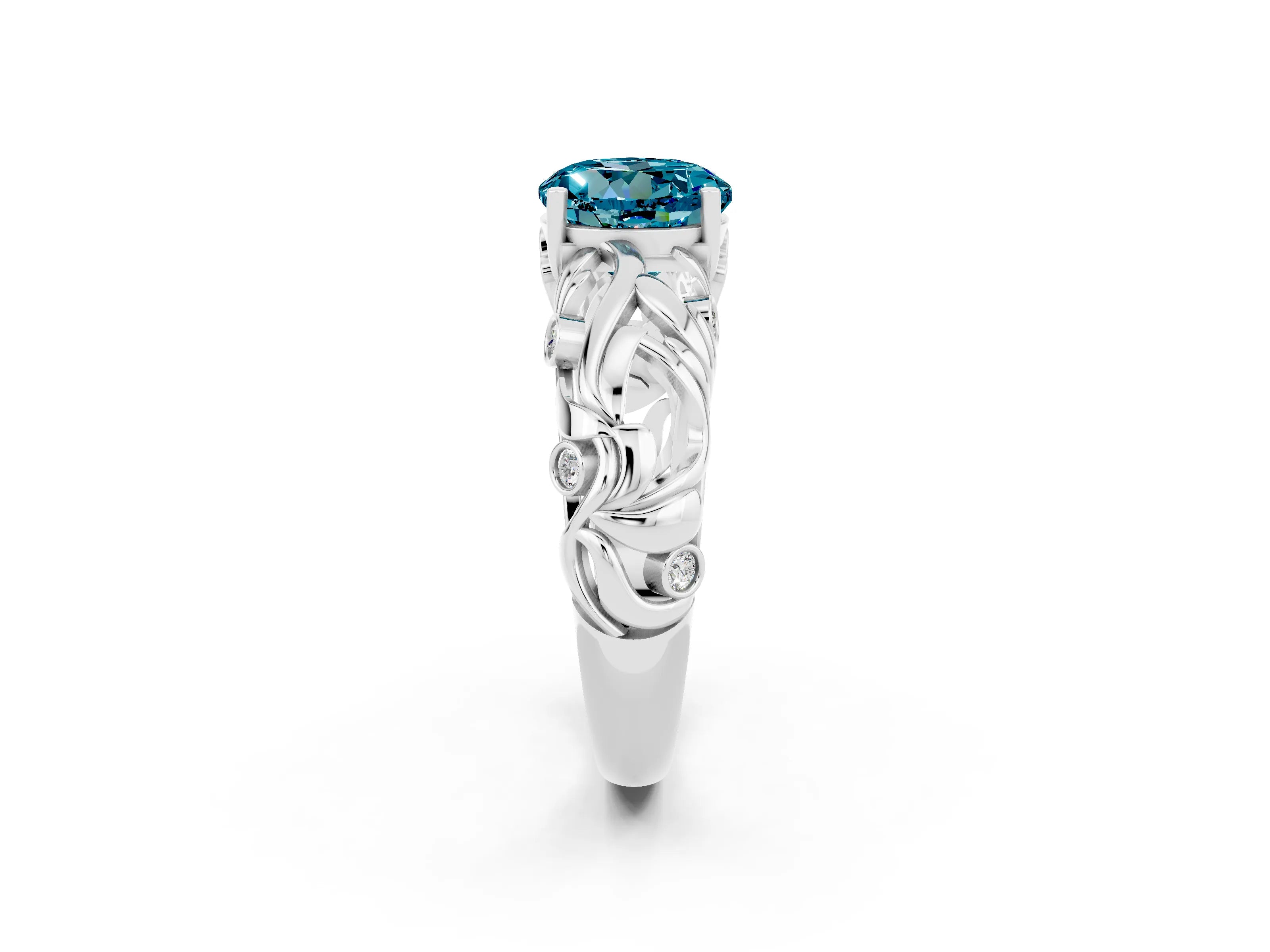 White gold Round Cut Solitaire Blue Topaz Leaf-Inspired Vine Band Ring with Prong Setting_2