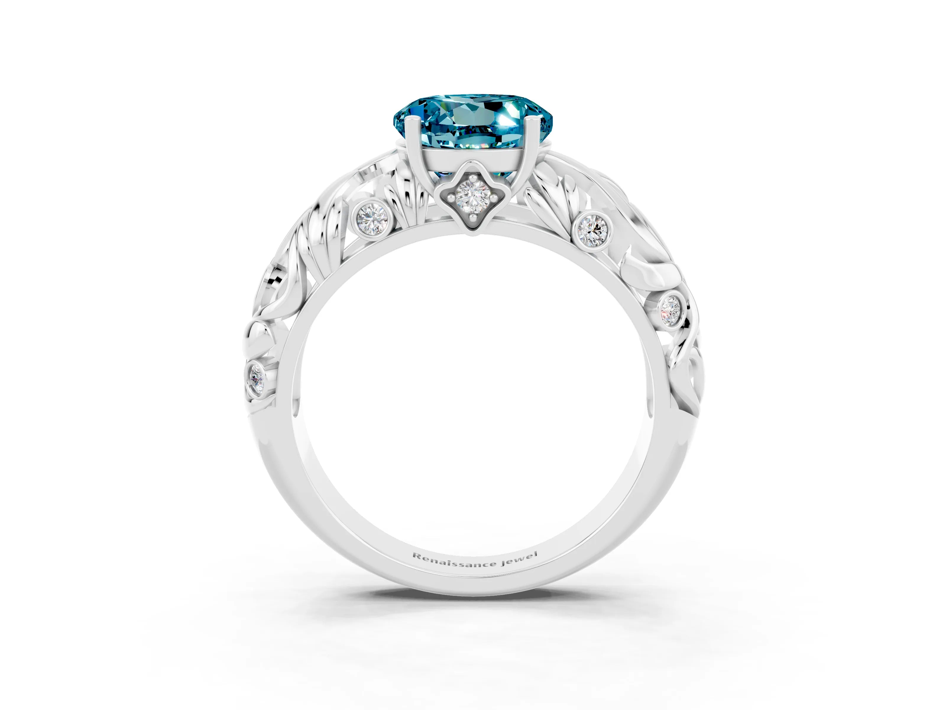 White gold Round Cut Solitaire Blue Topaz Leaf-Inspired Vine Band Ring with Prong Setting_3