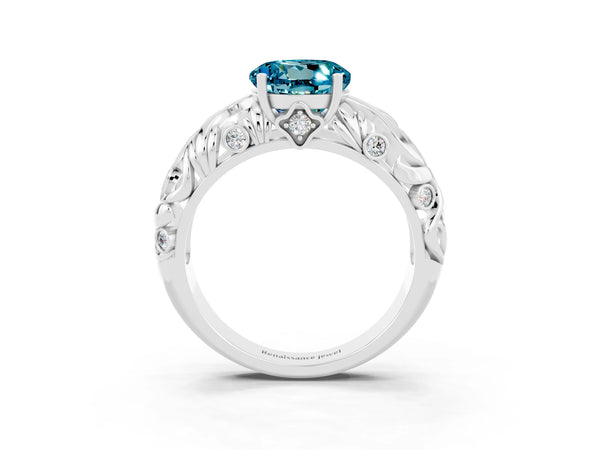 White gold Round Cut Solitaire Blue Topaz Leaf-Inspired Vine Band Ring with Prong Setting