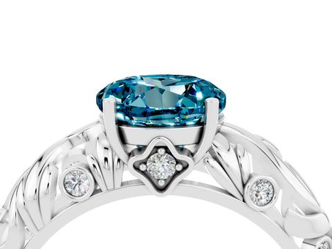 White gold Round Cut Solitaire Blue Topaz Leaf-Inspired Vine Band Ring with Prong Setting_4