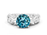 White gold Round Cut Solitaire Blue Topaz Leaf-Inspired Vine Band Ring with Prong Setting
