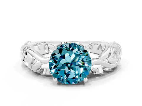 White gold Round Cut Solitaire Blue Topaz Leaf-Inspired Vine Band Ring with Prong Setting