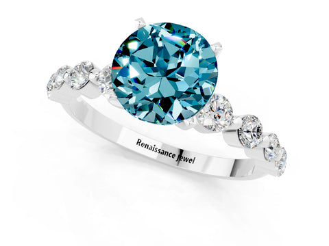 White gold Round Cut Solitaire Blue Topaz Ring with Pave Band and Four-Prong Setting_1
