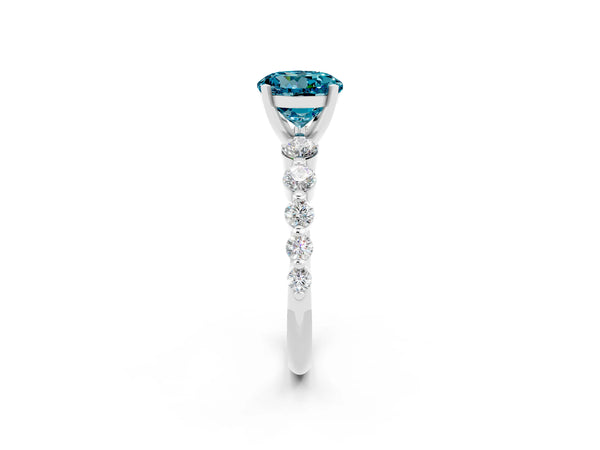 White gold Round Cut Solitaire Blue Topaz Ring with Pave Band and Four-Prong Setting