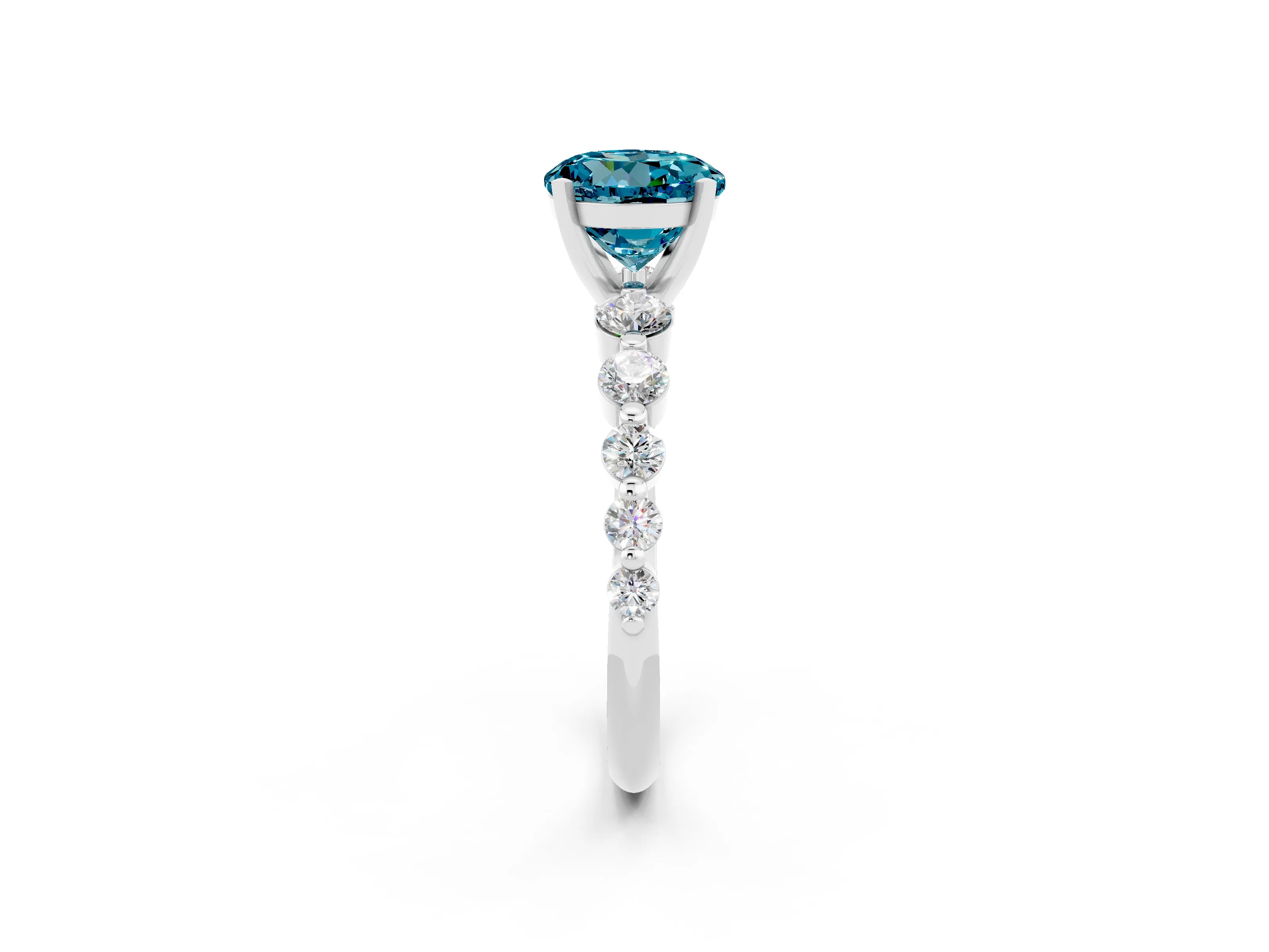 White gold Round Cut Solitaire Blue Topaz Ring with Pave Band and Four-Prong Setting_2