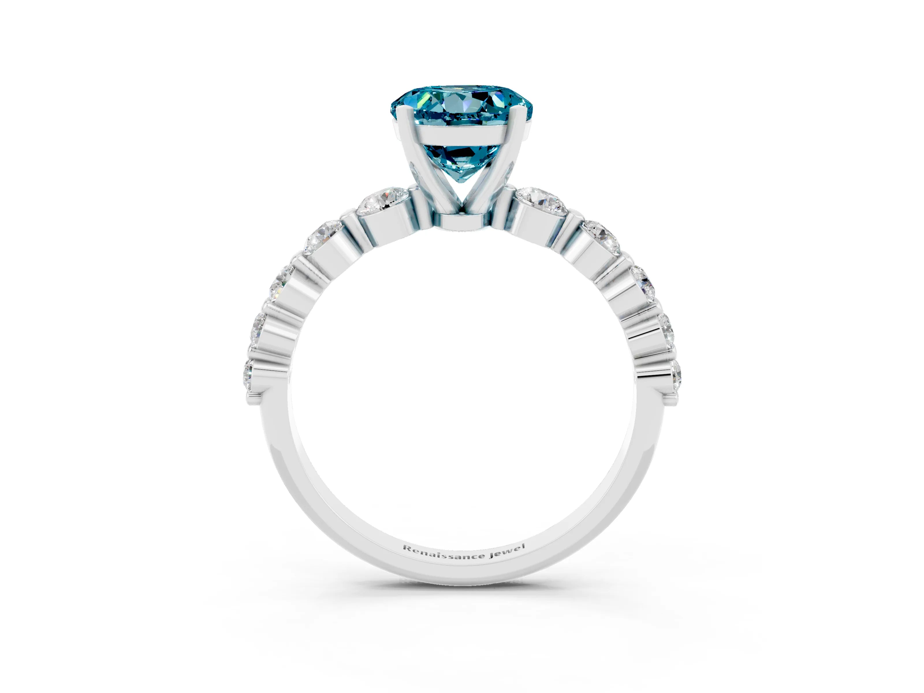 White gold Round Cut Solitaire Blue Topaz Ring with Pave Band and Four-Prong Setting_3